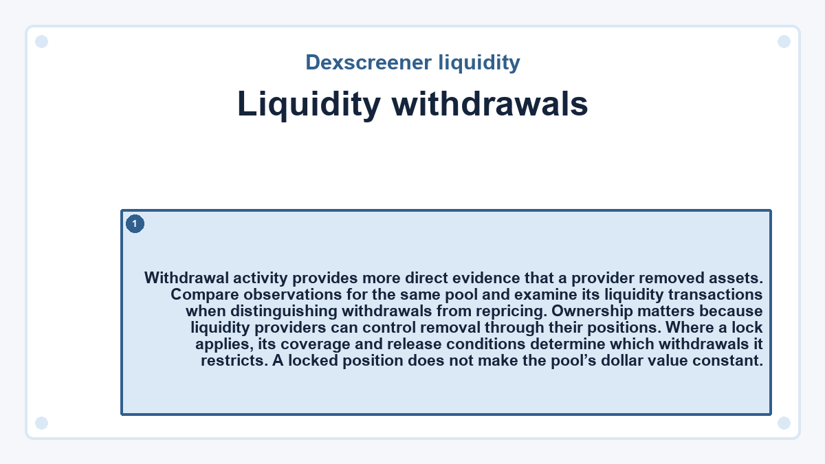Liquidity withdrawals: Withdrawal activity provides more direct evidence that a provider removed assets. Compare observations for the same pool and examine its liquidity transactions when distinguishing withdrawals from repricing. Ownership matters because liquidity providers can control removal through their positions. Where a lock applies, its coverage and release conditions determine which withdrawals it restricts. A locked position does not make the pool’s dollar value constant.